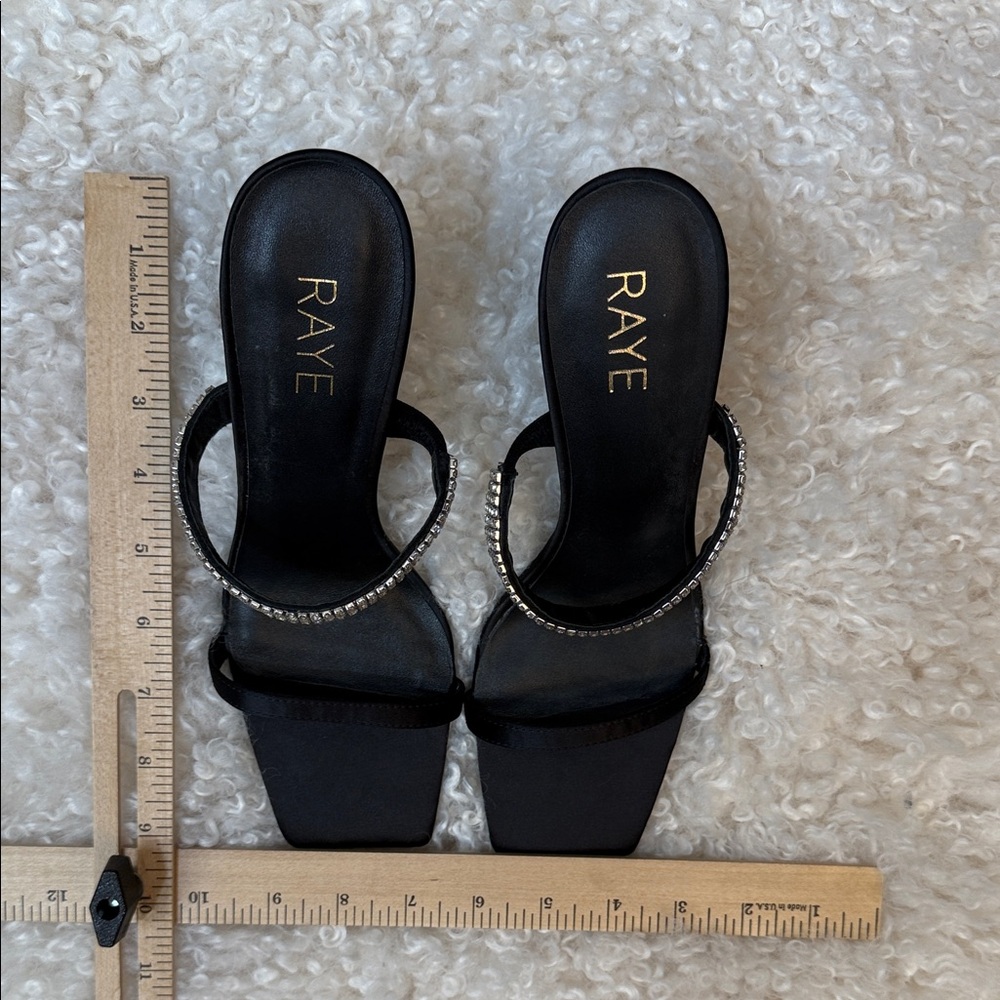 🪣🧽 RAYE Artemis Heel Open-Toed Black Satin Heels with Crystal Strap Size 9 - Picture 6 of 8